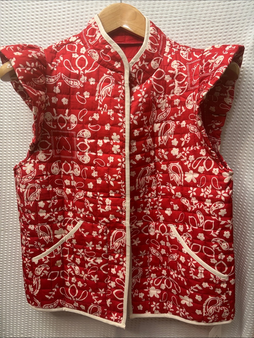 Women's Red Quilted Sleeveless Vest with Cream Trim